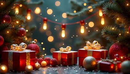 Sparkling Christmas decorations including banners, lights, garlands, gift boxes, and tinsel, used in holiday posters, cards, and websites._00001_