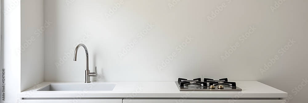 Poster Simple kitchen design features a minimalist aesthetic with an empty space for a compact washbasin and a small gas stove installed._00001_