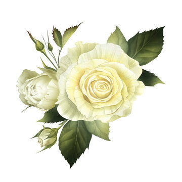 recommend clip art: White roses watercolor isolated illustration. Wedding bouquet with flowers and buds for wedding invitation. Floral funeral clip art in realistic style for catholic designs and save the date cards