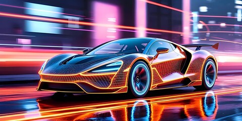 Fototapeta premium A futuristic sports car glowing with vibrant neon colors against a backdrop of a blurred, neon-lit city.