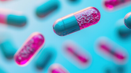 Probiotic digestion concept. Colorful capsules float against a bright blue background, showcasing a vibrant and dynamic composition related to health and medicine.
