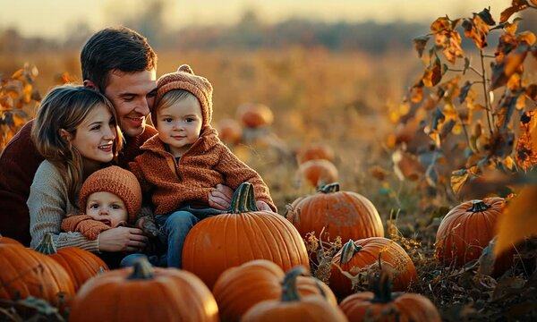 Happy Family Amongst Autumn Pumpkins at Sunset