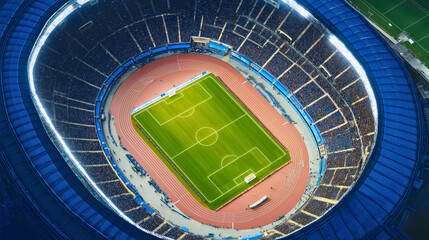 Modern sports complex with panoramic view soccer field blue lighting spectator seating vibrant atmosphere urban landscape professional venue event hosting