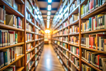 Bookshelves in Bright Library Aisle. A vibrant library interior featuring long aisles of wooden bookshelves filled with colorful books under bright fluorescent lights

