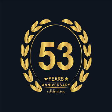 53th Years Anniversary celebration. Vector Template festive illustration Golden Color,. Birthday or wedding party event decoration.
