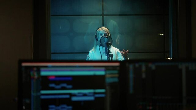 Male studio engineer showing OK symbol to woman singer in recording studio. Professional musicians working together in modern record label, creating new single for music album, talented people team
