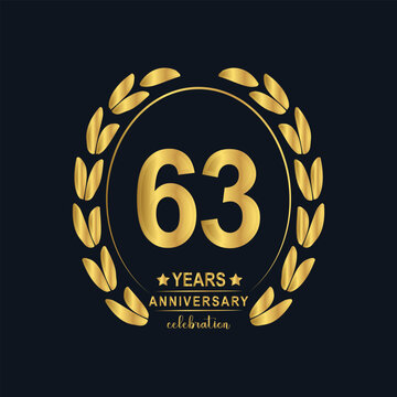 63th Years Anniversary celebration. Vector Template festive illustration Golden Color,. Birthday or wedding party event decoration.