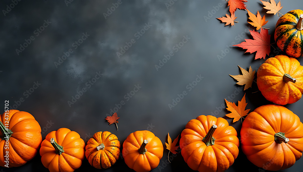 Poster pumpkins and gourds arranged in an autumn side border against a dark stone background with plenty of