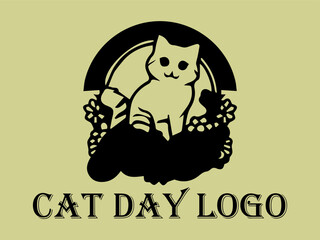Black cat with Cat Day lettering, sitting among  on a black background. Suitable for Cat Day designs and petthemed content