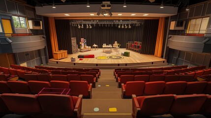 A spacious auditorium with a stage set up for a school play, complete with props and lighting.