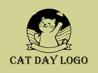 Black cat with Cat Day lettering, sitting among  on a black background. Suitable for Cat Day designs and petthemed content