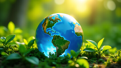orful earth is depicted surrounded by greenery with a blue glass globe representing a healthy world environment and sustainable living practices._00001_