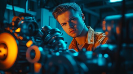 Fototapeta premium A young technician is focused on an intricate mechanical project. The vibrant colors highlight his concentration in a high-tech environment. Generative AI.