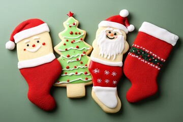 Christmas-themed gingerbread cookies arranged on a wooden table.Gingerbread cookies with festive Christmas decorations displayed on a wooden table.A wooden table adorned with gingerbread cookies