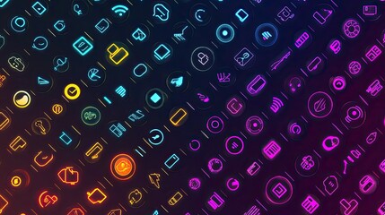 Abstract background with colorful neon icons.