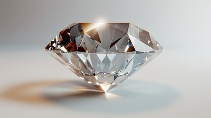 A diamond, Sparkling light round brilliant cut diamond with shadow and glowing lens flares isolated on white background.