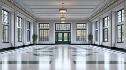 Obraz premium Art deco bank entrance hall features a white marble floor, green accents, and grand symmetrical columns for a stunning atmosphere