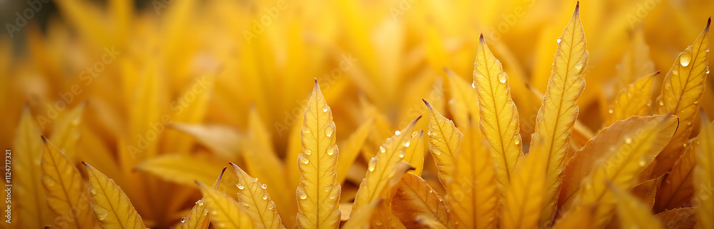 Poster Narrow yellow and beige leaves with water droplets create a beautiful natural textured pattern in an autumnal botanical setup._00001_