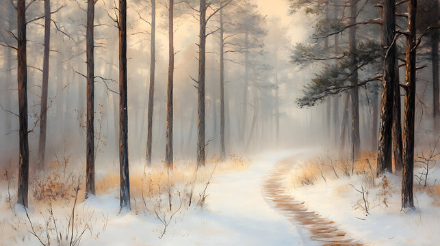  A snowy trail winding through tall pine trees in soft morning fog (3)