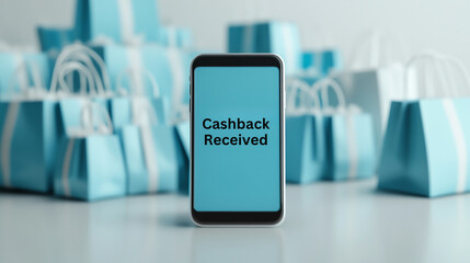 Cashback received on smartphone with shopping bags in background