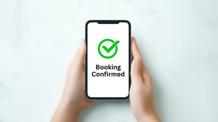 Mobile phone displaying booking confirmation with checkmark symbol