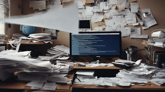 indoor window office desk chair messy computer table lots video paper technology lot