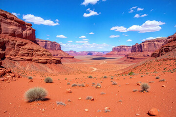 Desert landscape clear blue sky sand rocky outcrops desert plants