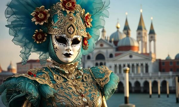 Portrait of woman in ornate venetian masquerade mask with gold feathers at St Mark Square Venice, front view