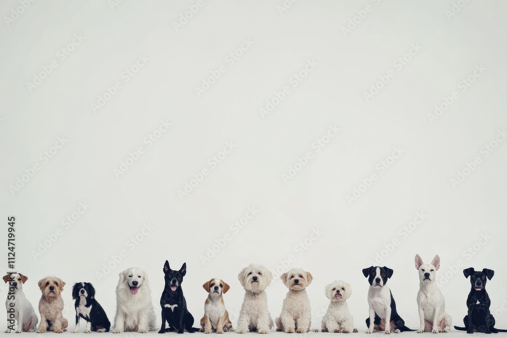 Poster a diverse group of dogs sits calmly together, showcasing different breeds and sizes. the setting fea