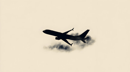 A simple vector of an airplane flying through a cloud, with clean lines and a flat color palette. Airplane silhouette in clouds.
