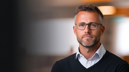 Financial analyst poses for a professional portrait in a modern office setting