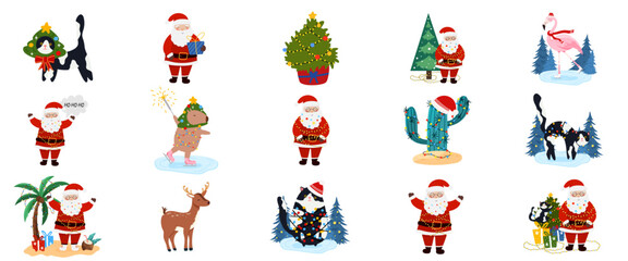 Big set stickers of Santa Claus and Christmas symbols and elements. Flat New Year Vector illustration