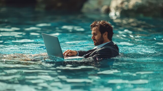 Man in business suit working on laptop while floating in clear blue water