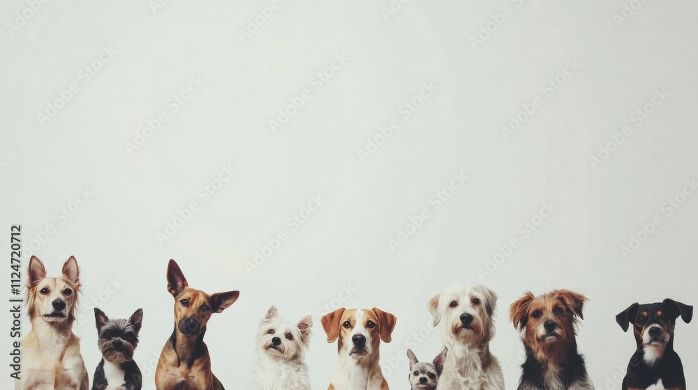 Poster A variety of dogs sit side by side, showcasing different breeds and sizes, with a light backdrop providing space for text or messages. Generative AI