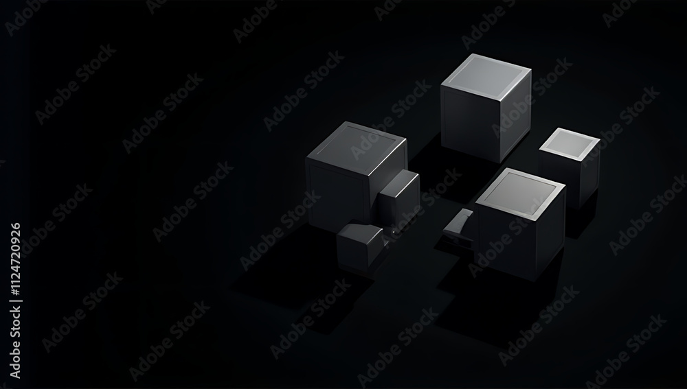 Aufkleber geometric blocks with abstract shapes are rendered in 3d against a dark black backdrop creating a fu