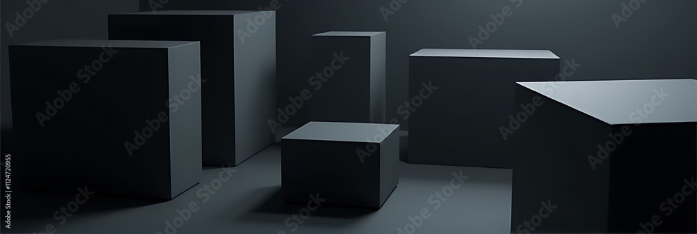 Poster Geometric blocks in a dark setting create a visually striking 3D image through abstract shapes and minimalist design elements._00001_