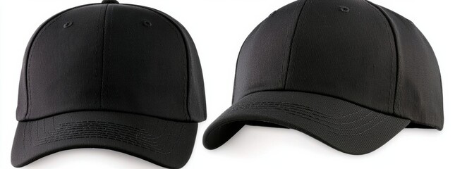 Front and side view of black baseball cap or trucker hat isolated on white background , isolated on white background,  , copy space, copy space for text,