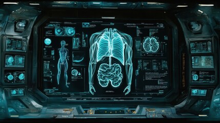 Obraz premium Futuristic Medical Analysis Display with Human Anatomy and Data