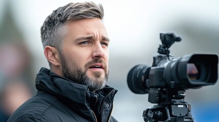 Professional journalist engaged in a photoshoot on a cloudy day outdoors