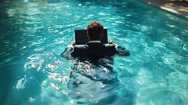 Man in suit works on laptop while floating in a swimming pool during bright afternoon