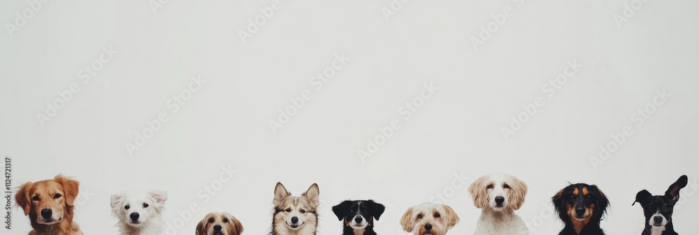 Poster a variety of dogs, including different breeds and sizes, are sitting side by side in a friendly and 