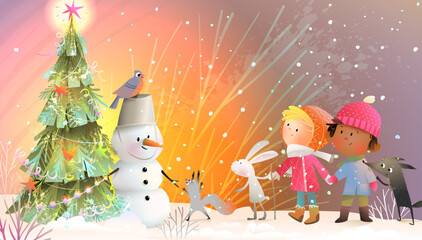 Children wearing winter clothes and animals watching decorated Christmas tree. Happy winter holidays card. Kids and forest animals near Christmas tree. Vector greeting card design illustration