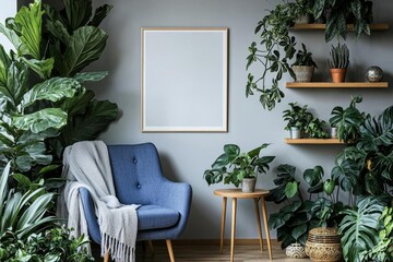 empty of  Real photo of a monochromatic living room with a blue armchair with a blanket standing next to a table and a cupboard