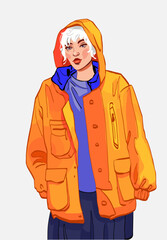 Vector fashion illustration of a beautiful girl in a modern casual, hipster orange oversize jacket isolated. Stylish look. Trendy style female character. Creative cartoon art for trendy design