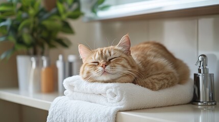 Cozy Cat Snuggles on Soft Towel in Bright Indoor Space with Greenery and Grooming Products Nearby