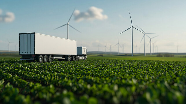 logistics truck drives through green farmland with wind turbines in background, symbolizing sustainable energy and transportation - Powered by Adobe