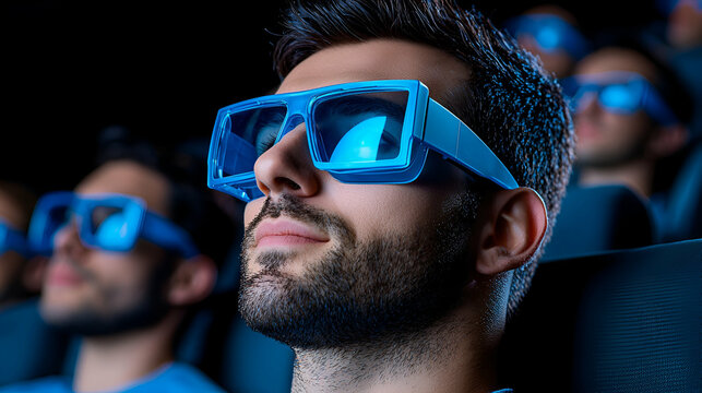 Man wearing 3D glasses in a cinema, enjoying a movie experience.