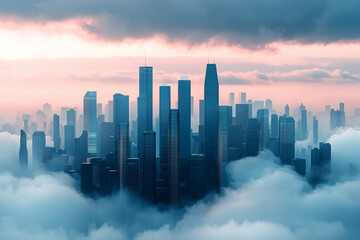 Fototapeta premium futuristic city skyline with towering buildings emerging through dense clouds under dramatic sky