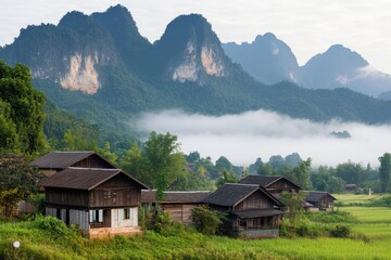 Obraz premium Picturesque Village Nestled in the Foothills of Majestic Mountains with Lush Green Landscape and Mist