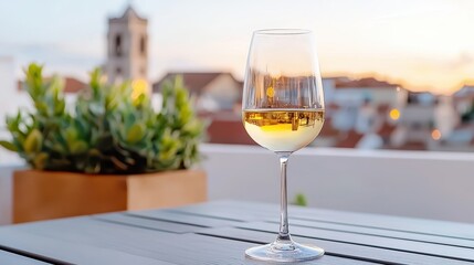 Obraz premium A wine glass sits on a table with a blurred cityscape and sunset in the background.